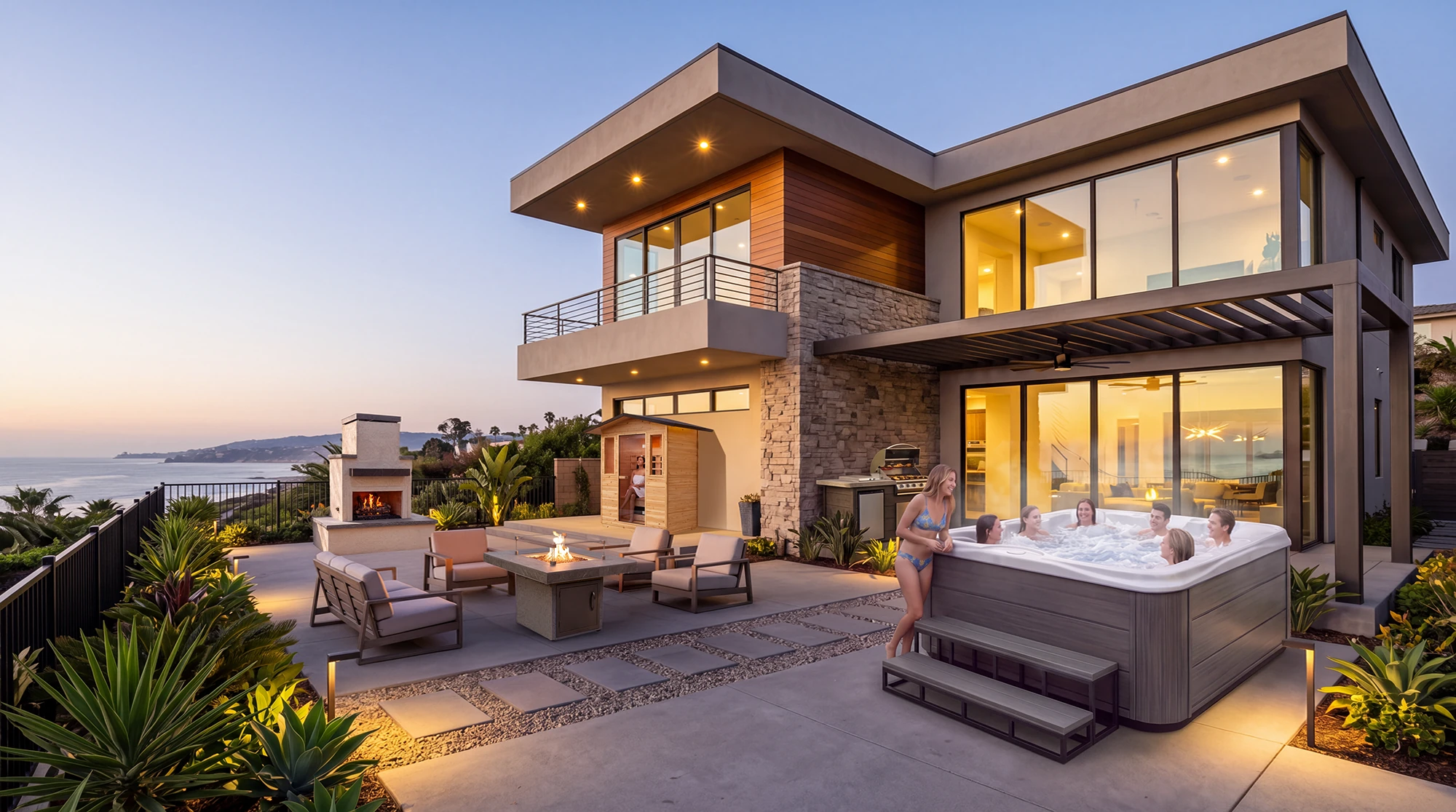 Illustrative vacation backyard with a spa, outdoor kitchen, fire lounge and sauna