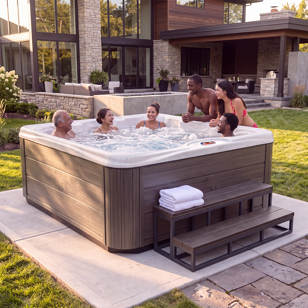 Industrial Strength 7 person 40-jet acrylic bench hot tub with 24 hour filtration. 240V w/60” Step & Cover Lift Included