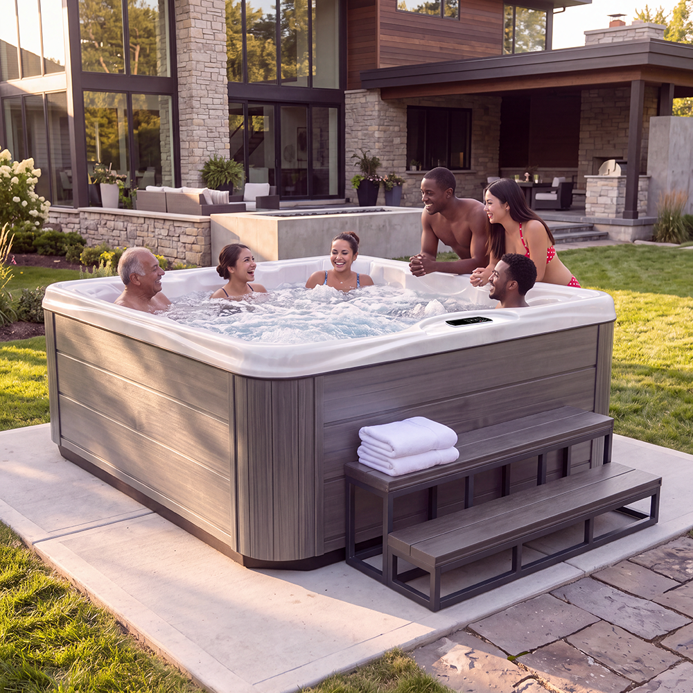 Industrial Strength 7-Person 40-Jet Acrylic Bench-Seat Hot Tub with Advanced Eco+ Filtration Water Care System, 60” Step & Cover Lift Included