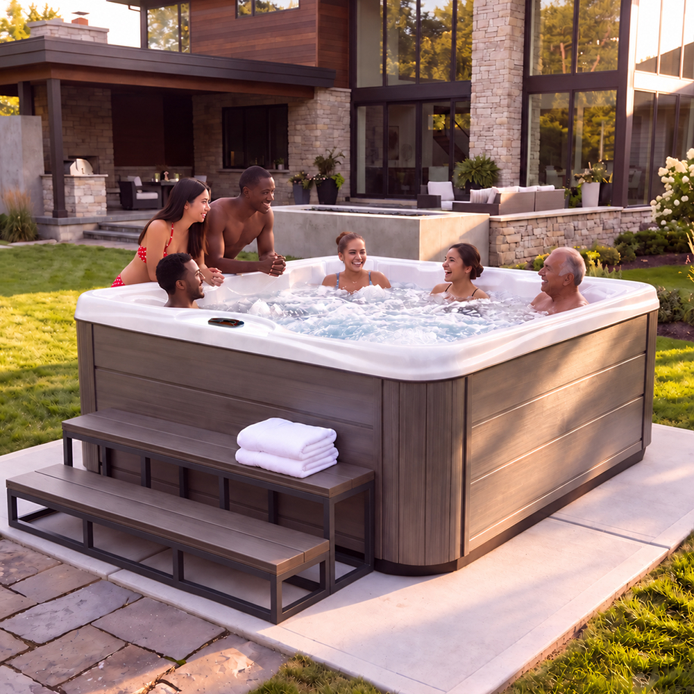 Industrial Strength 7-Person 40-Jet Acrylic Bench-Seat Hot Tub with Advanced Eco+ Filtration Water Care System, 60” Step & Cover Lift Included