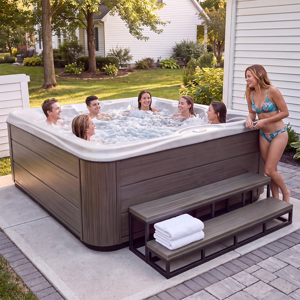 Industrial Strength 6 person 40-jet acrylic lounger hot tub with 24 hour filtration. 240V w/60” Step & Cover Lift Included