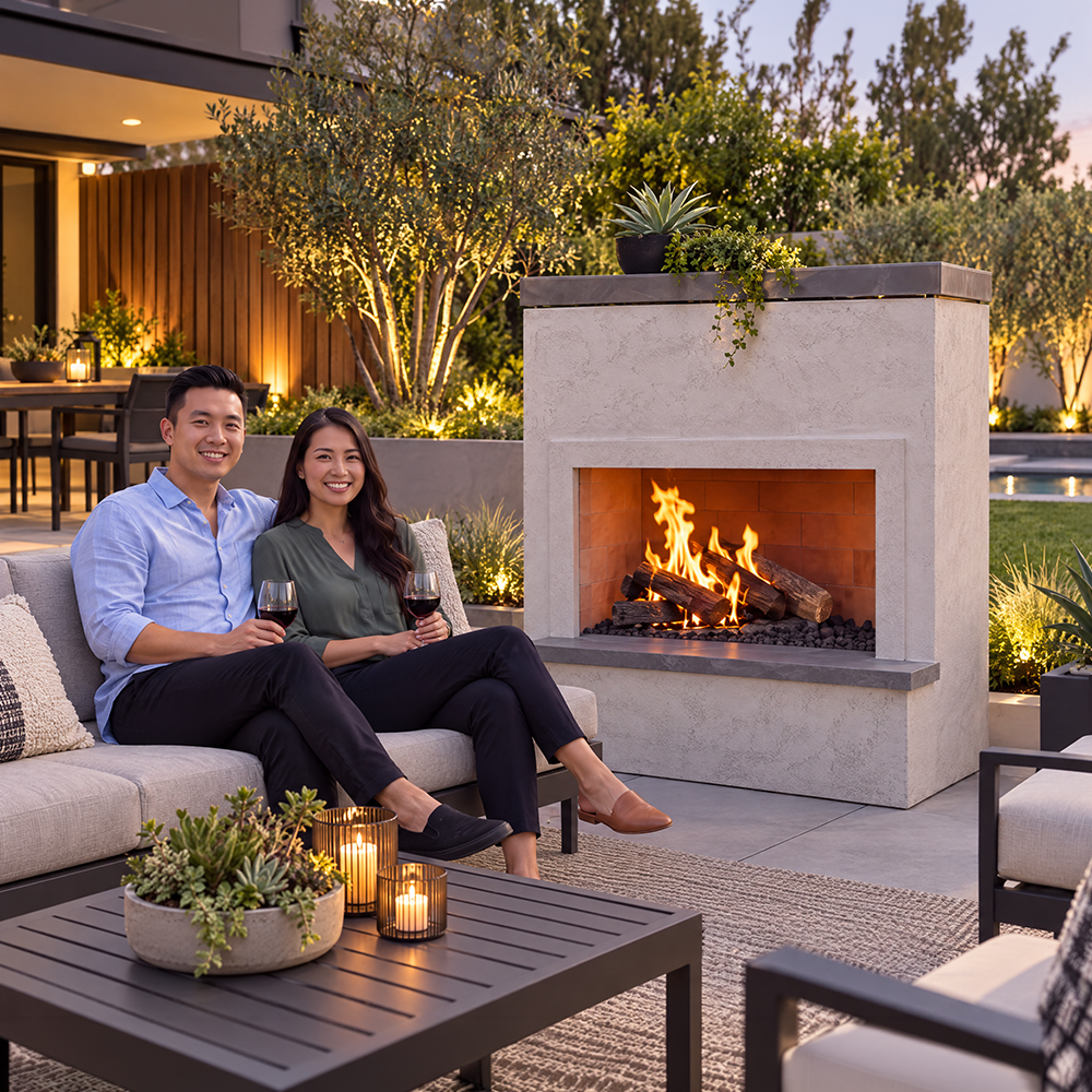 Industrial Strength Outdoor Gas Fireplace with 90,000 BTU Double Burner, 24" Log Set, Porcelain Tile & Extended Bottom Mantel