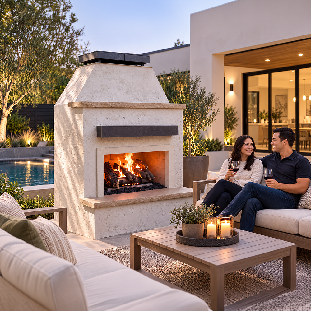 Industrial Strength Outdoor Gas Fireplace with 90,000 BTU Double Burner, 24" Log Set, Extended Bottom Mantel & Upper Mantel