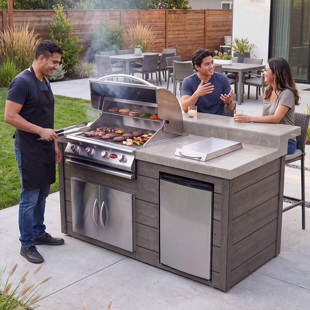 Industrial Strength 6 Foot BBQ Island with Bar Top plus 4-Burner Propane Gas Grill and Synthetic wood siding