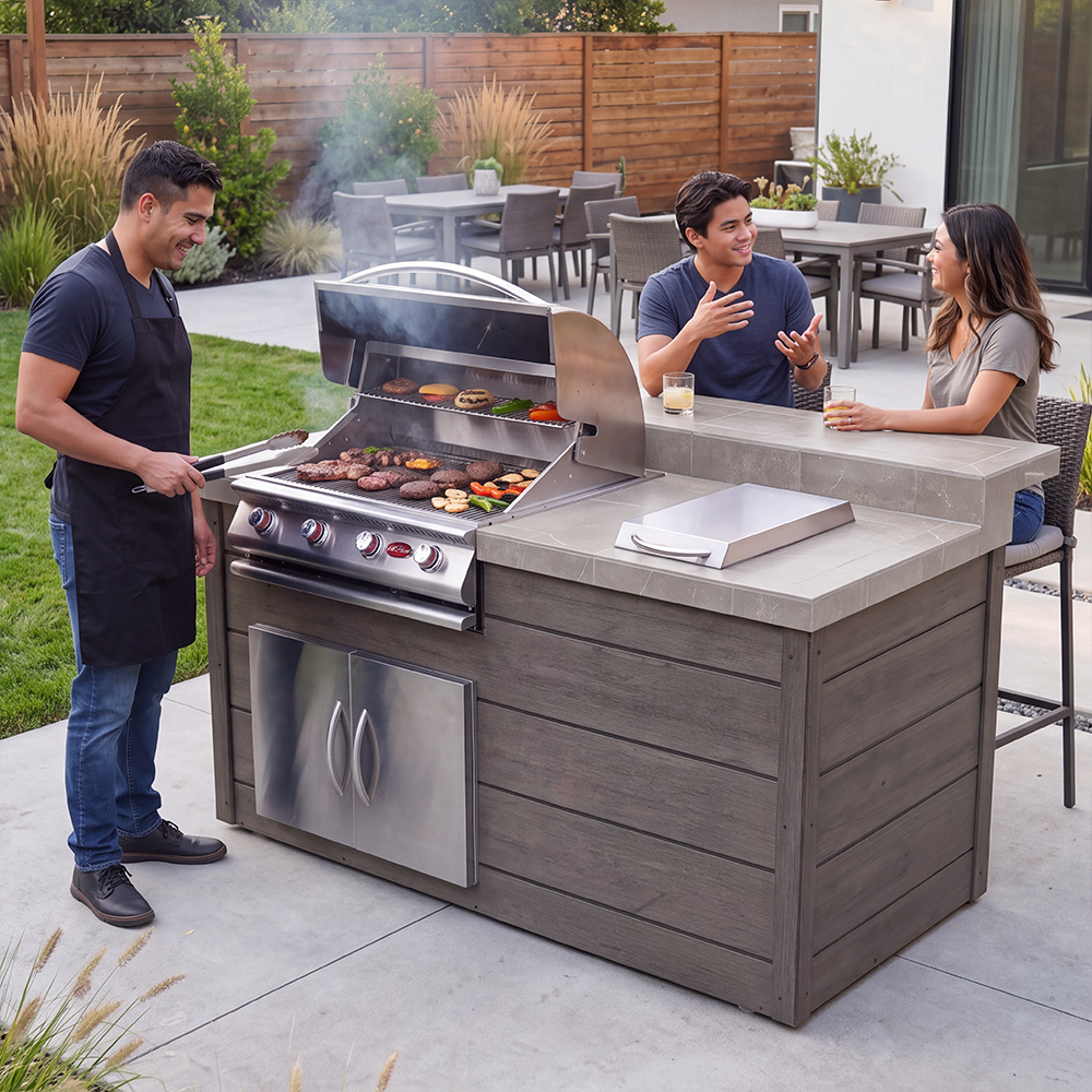 Industrial Strength 6-Foot BBQ Island with 4-Burner Propane Gas Grill, Standard Flat Side Burner, Porcelain Tile Countertop & Synthetic Wood Siding